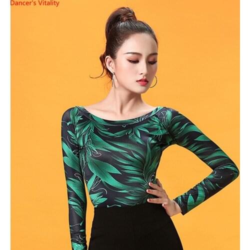 New Latin Dance Top Fashion Print Long Sleeve Dance Clothes Women Ballroom Salsa Rumba Chacha Dance Costumes Hot Sale