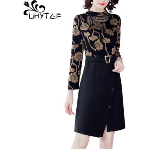 UHYTGF Winter Dress Women Fashion Printing Fake Two Piece Elegant Skirt Female Mid-Length Stitching Casual Plus Size Clothes1236