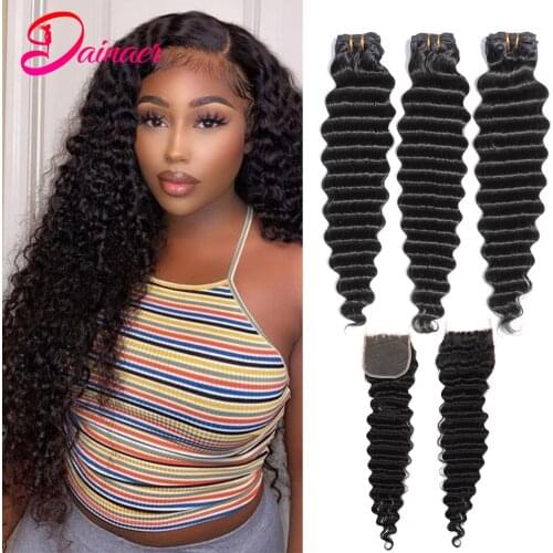 Brazilian Deep Wave 3 Bundles With 4*4 Lace Closure Middle/Free/Three Human Hair Bundles With Closure Non-Remy Hair Dainaer Hair