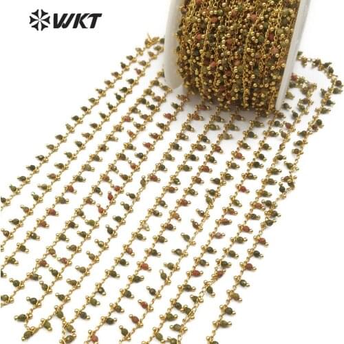 WT-RBC088 WKT New arrivals wholesale rosary chain 3mm unakite stone high quality wire wrapped with gold metal plated 10 meters