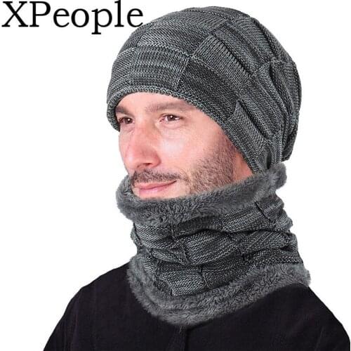 XPeople Winter Beanie Hats Scarf Set Warm Knit Hats Skull Cap Neck Warmer Thick Fleece Lined Winter Hat & Scarf for Men Women