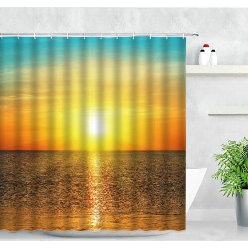 Dusk Ocean Landscape Shower Curtains Golden Sunlight Sea Waves Palm Trees Natural Scenery Bathroom Decor Bath Curtain With Hooks