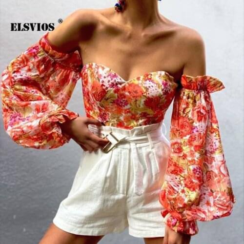 Sexy Ladies Off-shoulder Tube Top Print Chiffon Shirts Casual Spring Summer Lantern Sleeves Pullover Elegant Office Slim Blouses