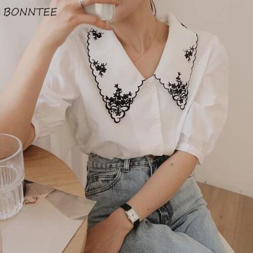 Shirts Women White Embroidery Tender Peter Pan Collar Lovely Sweet Solid Classy Puff Sleeve Oversized Tops Mujer Summer Straight