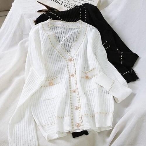 2020 New Fashion Knitted Thin Cardigan Women Sweater Autumn Casual V-Neck Long Sleeve Solid Coat Female Loose Tops White Black