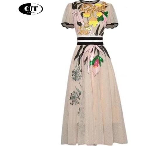 New 2021 Fashion Women Mesh Midi-long Dresses Summer Short Sleeve Ruffles Embroidery princess Party Evening Dress Clothes robes