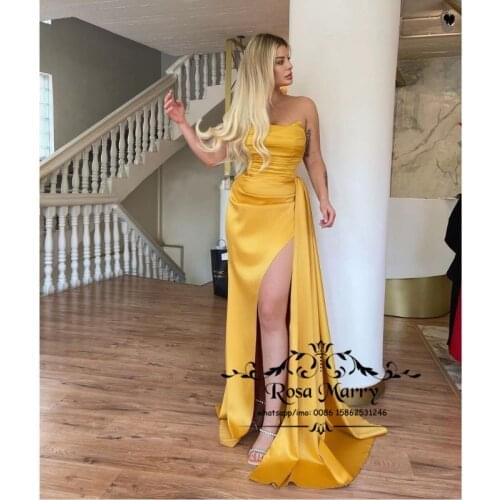 Gold Long Satin Women Evening Dresses Strapless Plus Size Peplum Cheap Girls Engagement Formal Prom Party Gowns Vestido De Festa
