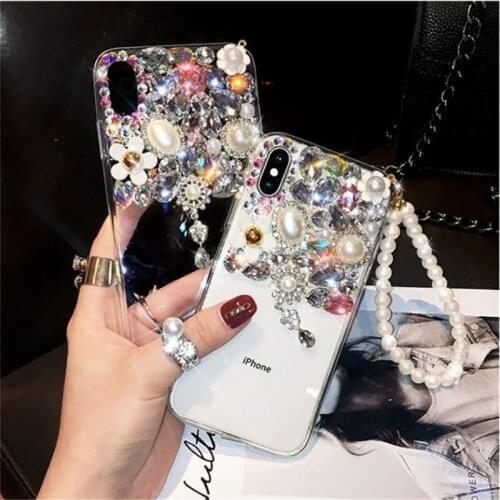Goddess Fashion Bling Crystal Pendant Diamond Flower Pearl Hand Chain Case Cover For Iphone 11 Pro XS Max XR X 8 7 6 6S Plus SE