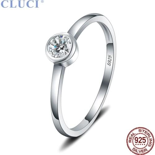 CLUCI Silver 925 Single Zircon Women Wedding Rings Jewelry for Engagement Simple Classic Round Brand Rings DR1008SB