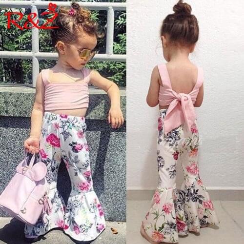 R&Z Childrens Set 2019 Summer New Girls Cute Pink Strap Tops White Print Flare Pants Two-piece Set