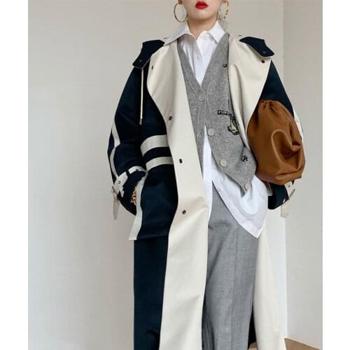 2021 Spring New Temperament Contrast Color Splicing Double Breasted Lace Up Coat Loose Fashion Hooded Windbreaker Coats