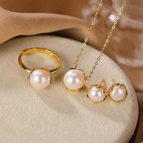 S925 sterling silver gold-plated natural freshwater pearl personalized lace womens rings ear studs pendant necklace set