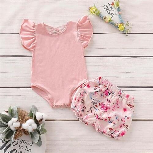 0-24 Months Newborn Clothes Set Pink Ruffle Short Sleeve Baby Rompers Floral Print Shorts Baby Girls Clothes Set Infant Outfits