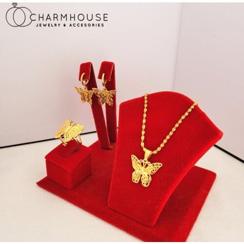 24K Yellow Gold Color Jewelry Sets For Women Butterfly Pendant Necklace Earrings Ring 3 pcs African Gold Jewelry Set Party Gifts