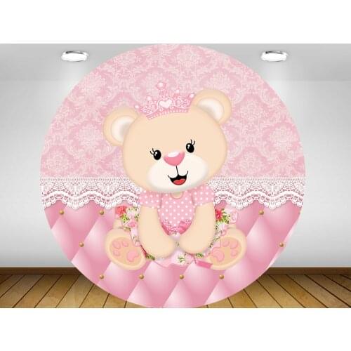Round circle background royal pink baby bear Backdrop princess girl baby shower birthday Party table Covers decoration YY-494