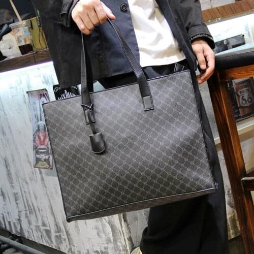 Xiao.p Fashion Mens High Quality Pu Leather New Youth Trend Plaid Handbag Daily Leisure Shoulder Bag Large Capacity Tote Bag