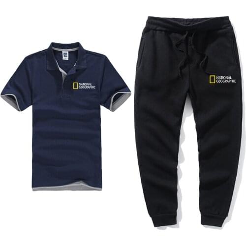 Summer Brand National Geographic Magazine Mens Sportswear Polo+ Pants Two-piece Casual Suit Mens Polo Shirt Short Sleeve Mens