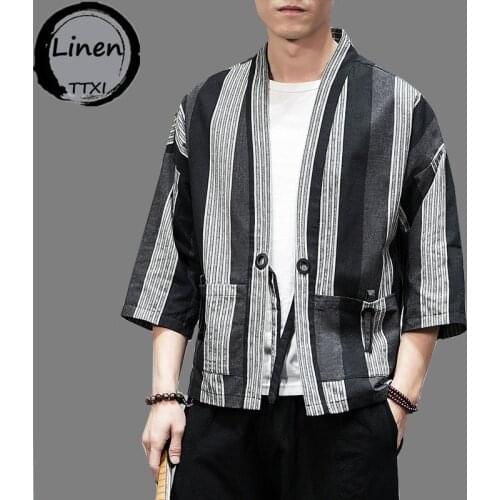 Mens Cotton Linen Jackets Plaid Striped Kimono Chinese Style Three Quarter Sleeve Open Stitch Traditional Clothing