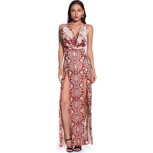 2021 New Nightclub Sexy Wrapped Chest Sequined Halter Back Split Dress Prom Cocktail Party Pool Party Elegant High Split Dress