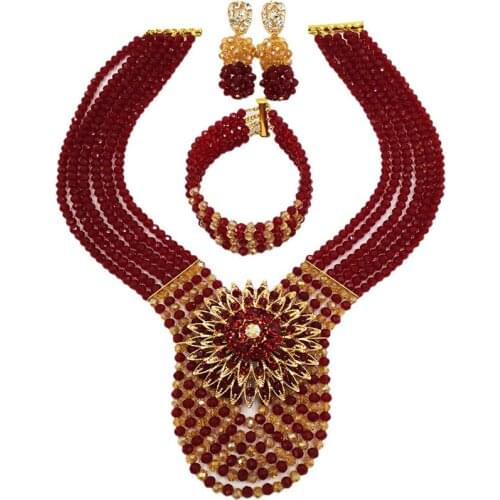 New Arrived Lasted Wine and Gold AB African Wedding Necklace Nigerian Beads Jewelry Set 6C-XJZ017