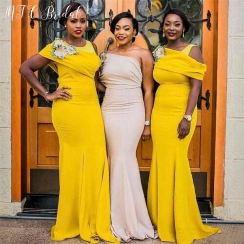 Wholesale Golden Mermaid Long Bridesmaid Dresses With Flowers 2019 High Quality Elastic Satin African Women Wedding Party Dress