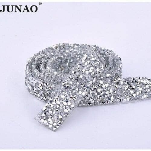 JUNAO 5 Yard*15mm Sewing Clear Rhinestones Fabric Trim Hotfix Crystal Stones Ribbon Resin Strass Applique Band For DIY Clothes