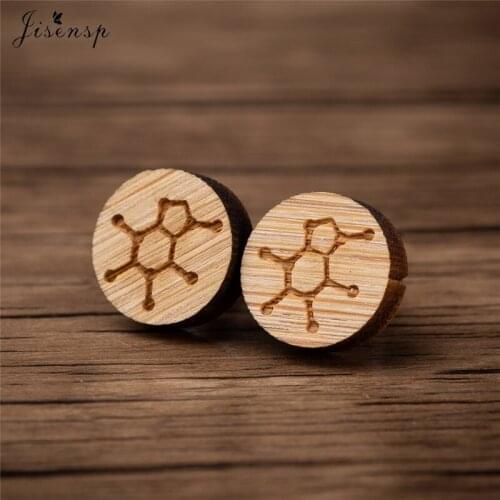Jisensp Geometric Caffeine Molecule Structure Stud Earrings Simple Wooden Jewelry Chemical Formula Ear Drops for Best Friends