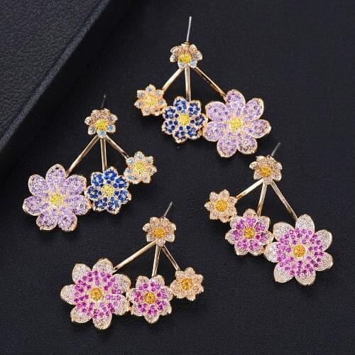 LARRAURI Flower Boom Asymmetric Cubic Zirconia Women Engagement Ear Bone Cuff Earrings Stud Party Jewelry