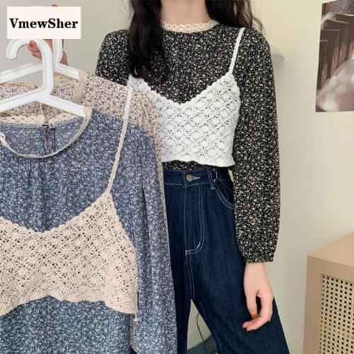 VmewSher New Spring Women 2 Pcs Set Tops Floral O Neck Blouse and Knitted Vest Two Long Sleeve Fashion Cute Lace Splice Shirts
