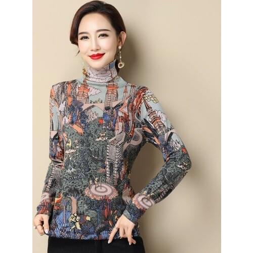 Women Vintage Printing Jumper Autumn Winter Turtleneck Sweater Elegant Ladies Slim Floral Printed Knitwea Blouse Tops Pullover