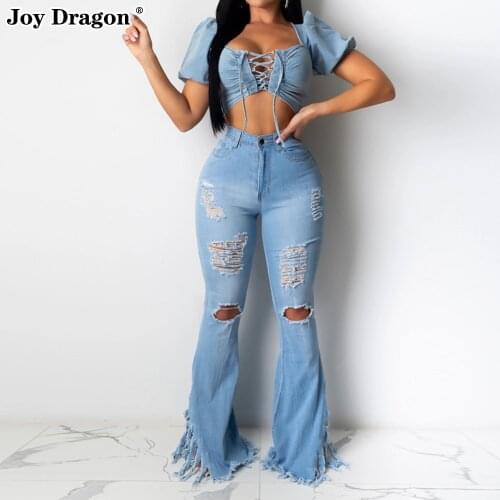 Women Plus Size Female Summer Autumn Woman Pants Elastic Clothes Streetwear Flare Jeans Trousers 2021 Midi Outfits Denim Cropped