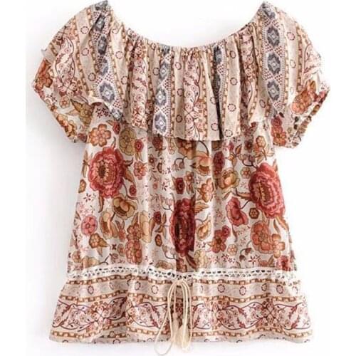 Boho Blouses Off The Shoulder Short Sleeve Printed Drawstring Top for Women