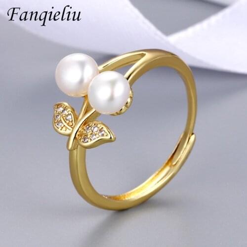 Fanqieliu 2PCS Pearls Vintage Leaf Gold Color Crystals Jewelry Wedding Bands Solid 925 Sterling Silver Ring For Women FQL21164