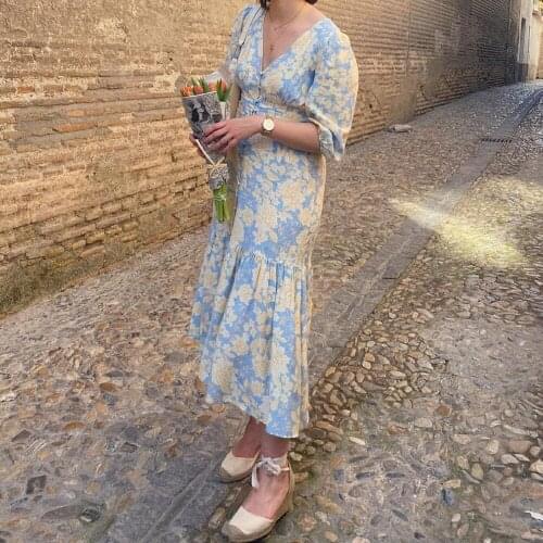 XEASY Summer Women Elegant Floral Print V-Neck Single-Breasted Dress Female Chiffon Sweet Short Sleeve Casual Split Chic Dresse