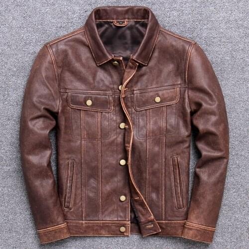 2020 Genuine Clothing Male Head Layer Cowhide Jacket Leisure Time Lapel Short Leather Loose Coat Cowboy goatskin