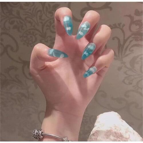 24Pcs/Box Pointy Head Wearable Fake Nails Press On Manicure Fashionable Natural Blue Sky White Cloud Water Drop Beautiful Nails