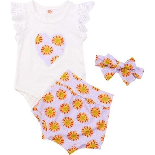 Pudcoco 0-18M 3Pcs Summer Baby Girls Butterfly Short Sleeve Sun Heart Pattern Print Summer Bodysuit+Shorts+Headwear Sets