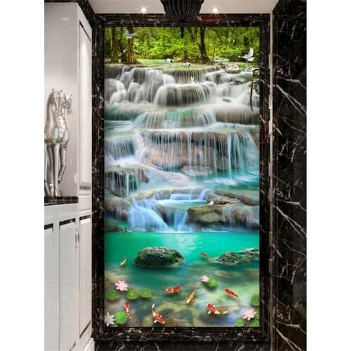 Beibehang Customized wallpaper 3d flowing water fortune waterfall carp lotus porch background wall decorative painting фотообои