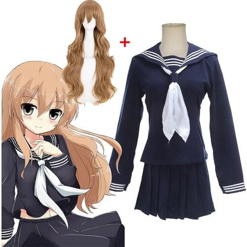 Anime Toradora TIGER DRAGON School Uniform Cosplay Costume Aisaka Taiga Full Set Sailor Suit Dress ( Top + Skirt + Bow tie )