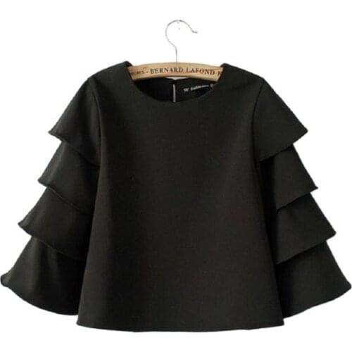 BunniesFairy 2016 Women Ruffles Red Blouses O Neck Shirts Fashion Tops Loose Solid Color Shirt