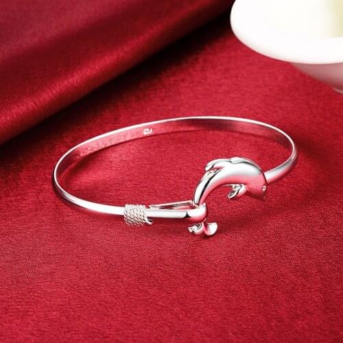Hot 925 Sterling Silver fine cute dolphin bangle Bracelets for Women adjustable Fashion Party Holiday gift Girl student Jewelry