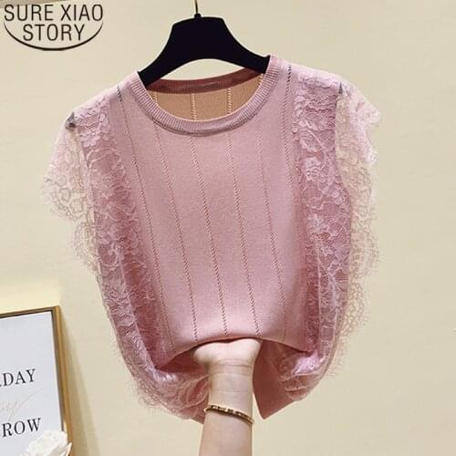Cotton Lace Bottoming Shirt Solid Color O Neck Pink Blouse Summer Sleeveless Ice Silk Knitted Shirts 2021 Female Clothing 13635