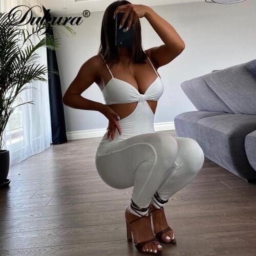 Dulzura 2021 Autumn Winter Women Solid Strap Hollow Out Jumpsuit V Neck Skinny Sexy Casual Sporty Streetwear Rompers