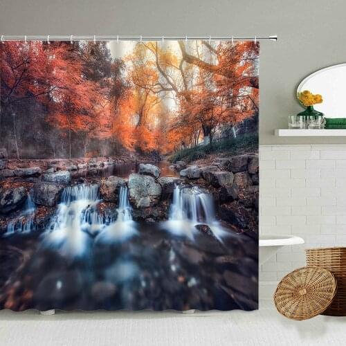 Forest Waterfall Scenery Shower Curtain Autumn Red Maple Leaves Stone Park Nature Photography Bathroom Curtains Home Wall Decor