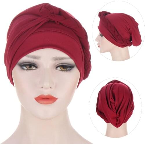 Muslim Braids Turban Hat Pure Color Stretch Inner Hijabs Ready To Wear Headtie Women Head Scarf Bonnet Chemo Hat African Cap