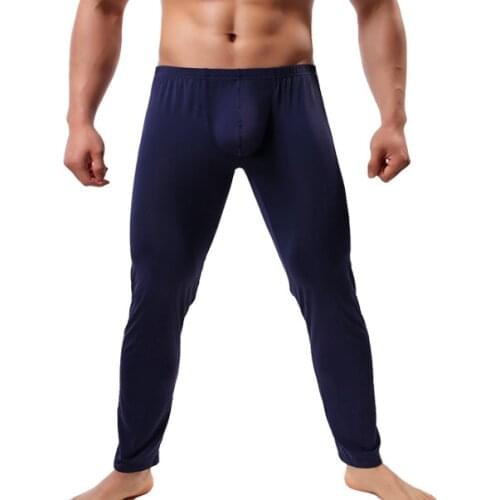 Mens Sleep Bottoms Sexy Ice Silk Big Pouch Pants Ultra-thin Transparent Trousers Fitness Legging Gay Long Lounge Pants Sleepwear