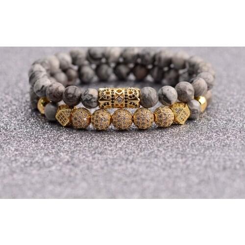DOUVEI Luxury Mens Natural Gray Stone Bracelet Set Gold Micro-Inlaid Zircon Ball Jewelry Bracelet Femme Pulseras Gift AB714