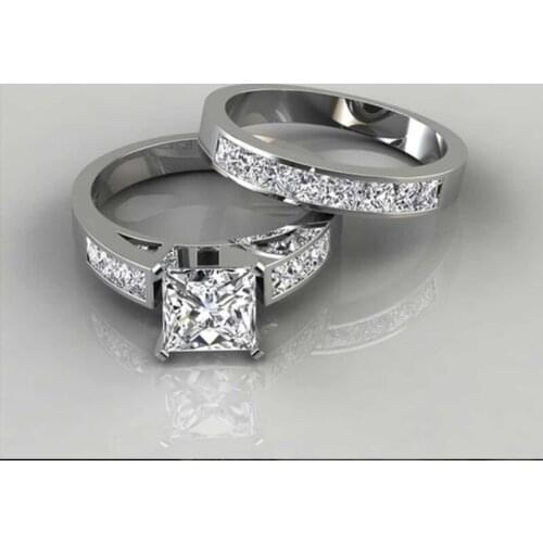 2 PCS/Set Fashion Plain Circle Square White Zirconium Ring Set for Women Party Wedding Rings Jewelry Size 6-10