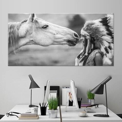 Animal And Figure Drawing Wall Art Posters Prints black White Indian Woman and Horse Canvas Paintings Pictures Cuadros Decor