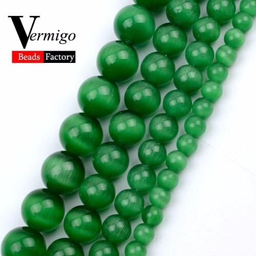 Natural Stone Green Cat Eye Smooht Round Ball Loose Beads For Jewelry Making 4-12mm Pick Size Diy Bracelet 15" Wholesale
